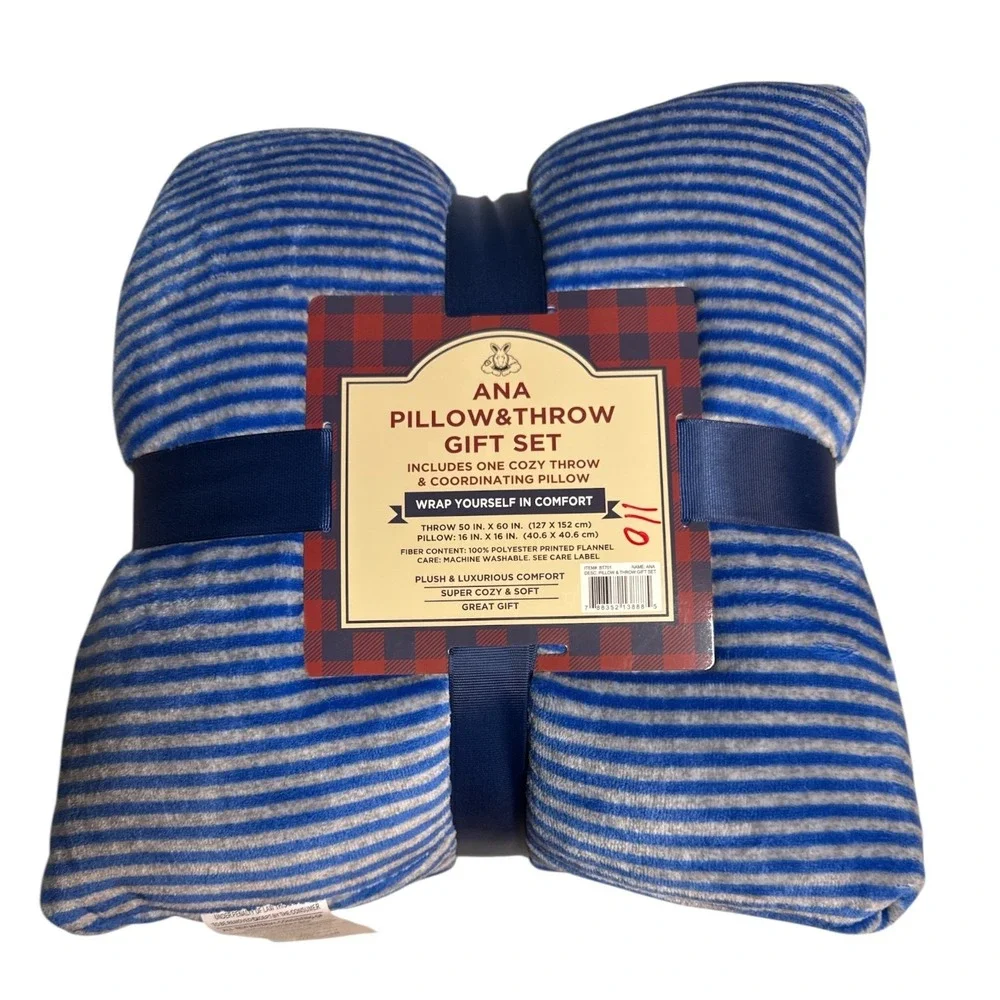 ANA Pillow & Throw Gift Set Blue Gray Stripe Flannel Fleece 50x60 Cozy Home Deco